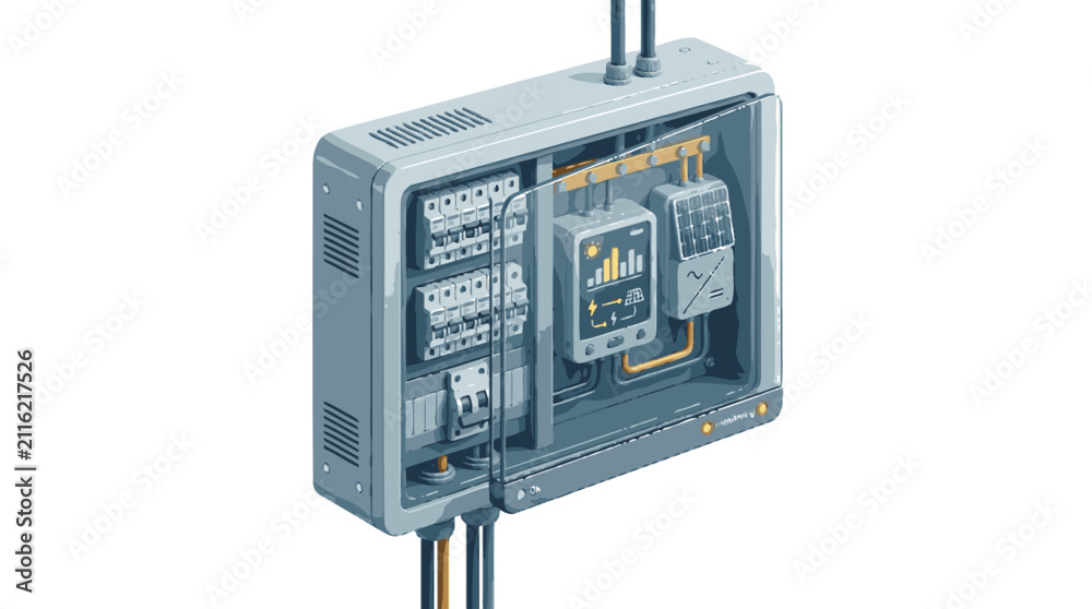 Foto Industrial electrical control panel with circuit breakers and wiring