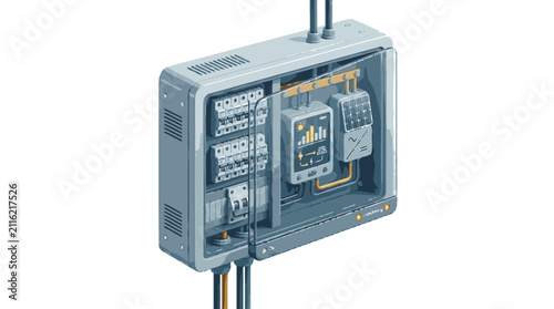 Quadro su tela Industrial electrical control panel with circuit breakers and wiring