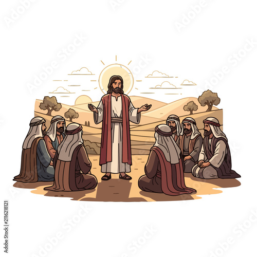 A teacher stands before a group of followers in a desert landscape
