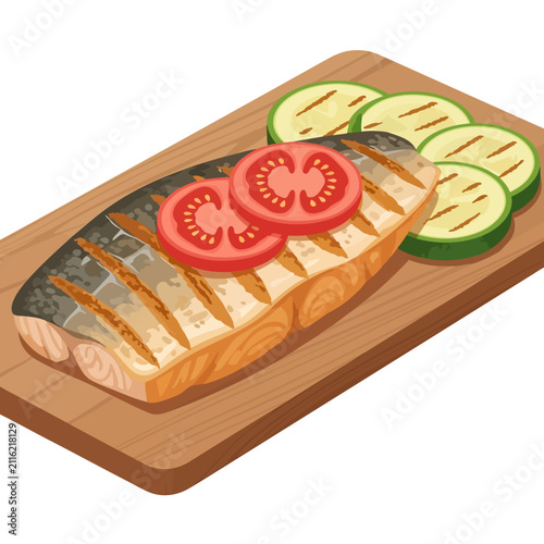 Grilled salmon fillet with zucchini and tomato on a wooden board