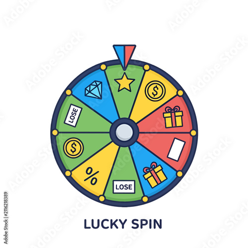 A colorful flat vector illustration of a spinning game wheel with various icons