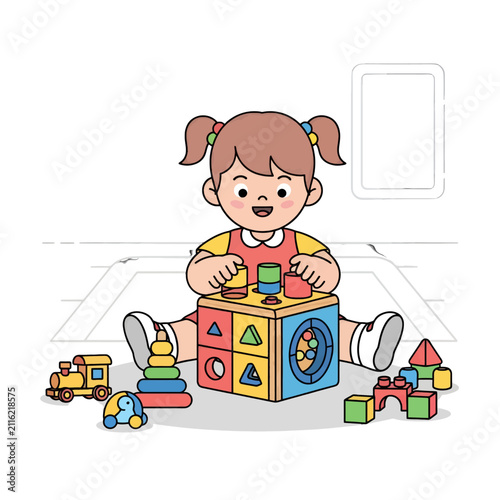 A happy young child plays with colorful educational building blocks on the floor