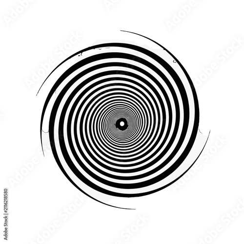 A high contrast black and white spiral pattern creates a hypnotic visual effect