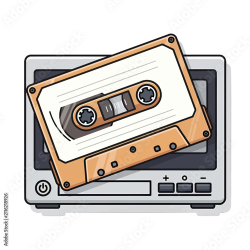 A vintage audio cassette tape resting on a retro electronic music player device