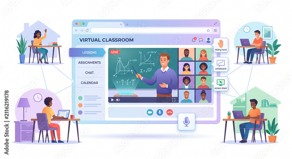 Fototapeta premium Virtual classroom online learning concept. Students attending remote video conference lesson.