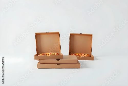 Two open pizza boxes with w...