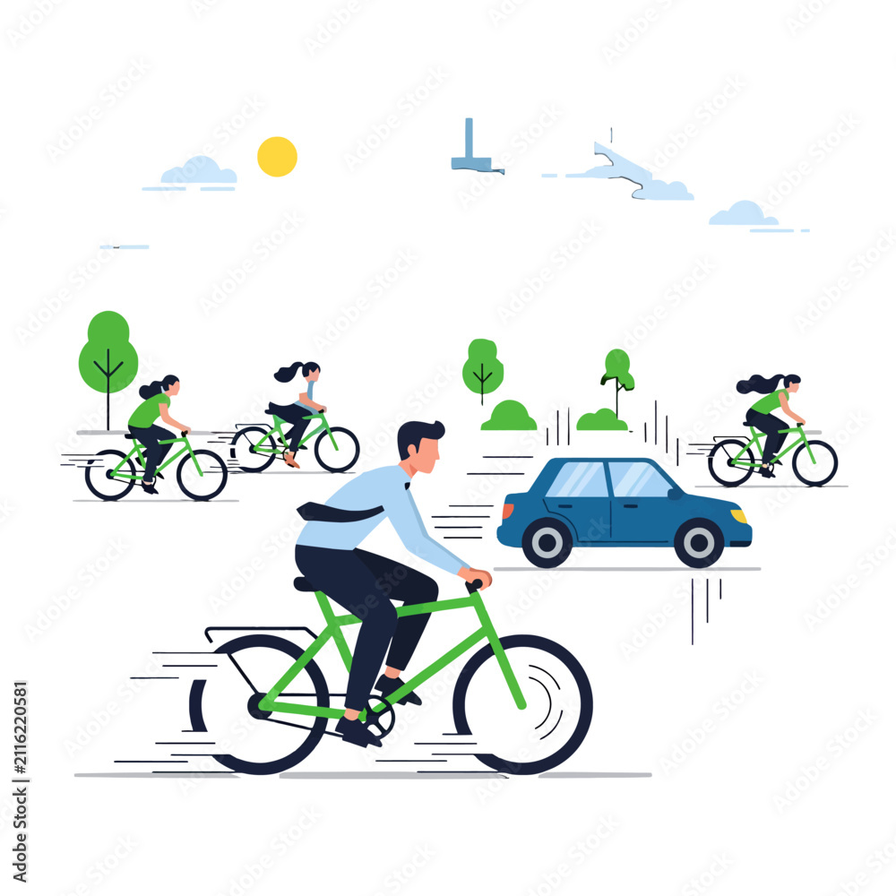 Fototapeta premium A group of people riding bicycles on a sunny day in the city