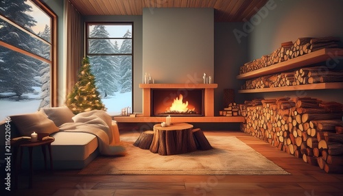 a cozy living room with a fireplace and a pile of wood generative ai image