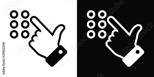 Minimal flat vector icon of a hand pressing a keypad button. Black and white outline glyph representing numeric input, access control, touchscreen interaction, digital interface, and button selection.
