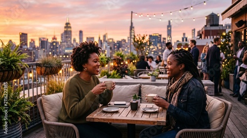 Two Black women enjoying coffee on a rooftop terrace at sunset with city skyline