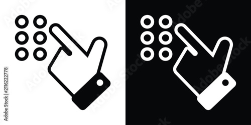 Minimal flat vector icon of a hand pressing a keypad button. Black and white outline glyph representing numeric input, access control, touchscreen interaction, digital interface, and button selection.