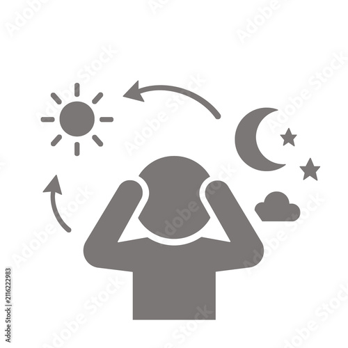 昼夜逆転や睡眠リズムの乱れに悩む人のピクトグラム（グレー）