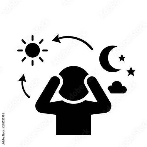 昼夜逆転や睡眠リズムの乱れに悩む人のピクトグラム（黒）