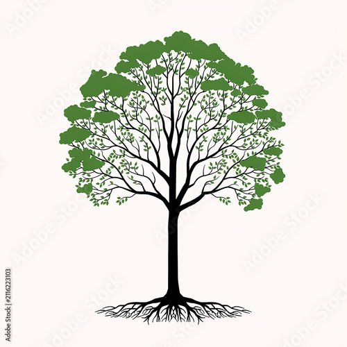 Minimalist vector illustration of a green tree with roots