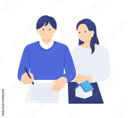 住宅購入や不動産売却の契約書にサインをする若い夫婦 上半身ベクターイラスト素材