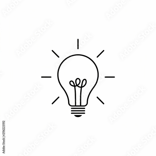 Minimalist black line art icon of a glowing light bulb symbol