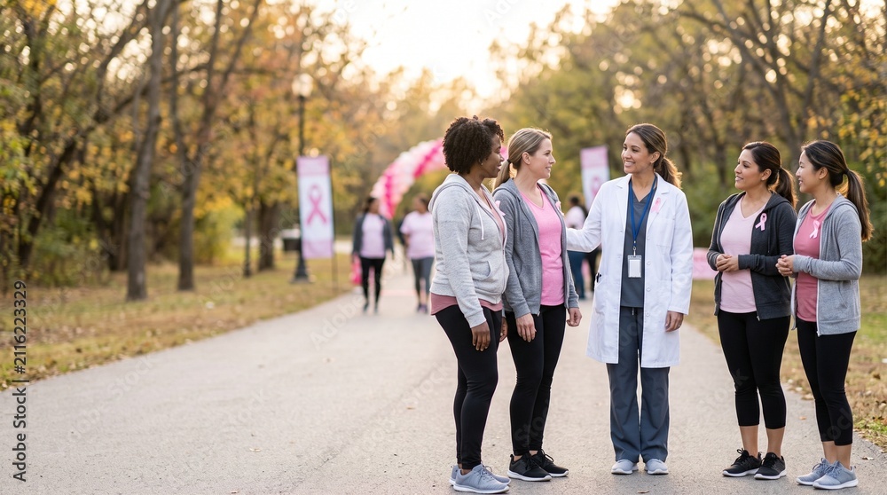 Fototapeta premium Diverse women engage at a breast cancer awareness event in a park setting