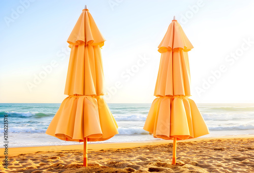 Two closed orange beach umb...