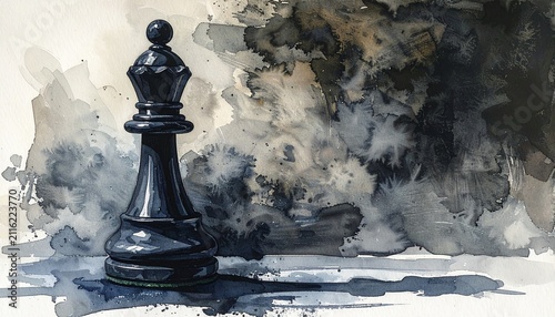 A watercolor painting of a black chess pawn with realistic shading and reflections, set against an abstract background of expressive ink washes and splatters in black, gray, and beige tones.