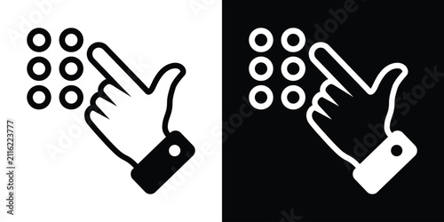 Minimal flat vector icon of a hand pressing a keypad button. Black and white outline glyph representing numeric input, access control, touchscreen interaction, digital interface, and button selection.