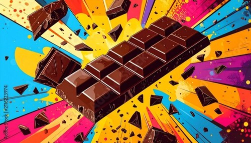 A dark brown segmented chocolate bar with pieces breaking off, surrounded by vibrant splashes of yellow, orange, blue, pink, and red, creating a dynamic energetic background that emphasizes excitement