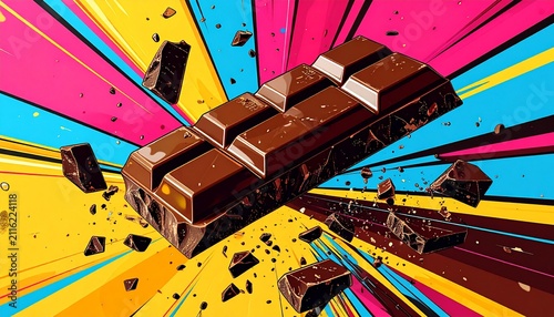 A dark brown segmented chocolate bar with pieces breaking off, surrounded by vibrant splashes of yellow, orange, blue, pink, and red, creating a dynamic energetic background that emphasizes excitement