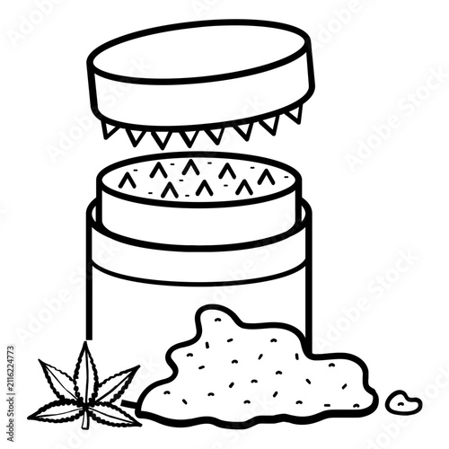 cannabis grinder with ground herb concept, herb grinder with sharp grinding teeth visible inside the lid vector icon design, alternative or complementary medicine publications stock illustration
