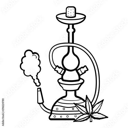 marijuana water pipe concept, cannabis shisha smoking vector icon design, charcoal bowl and cannabis leaf stock illustration