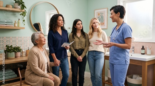 Healthcare professional discusses care options with a multi-generational family in a bathroom