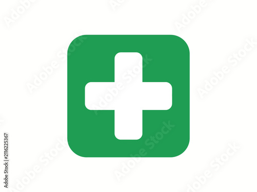 Medical first aid cross sign board flat illustration icon on green square background