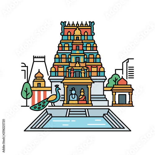 Colorful Indian Temple Architecture with Peacock and Pond.