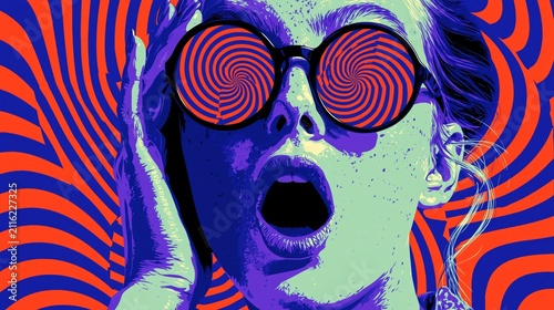 Colorful psychedelic pop art portrait with hypnotic spiral glasses, bold graphic design, optical illusion, surreal expression, and vibrant retro visual aesthetics.