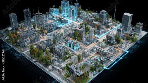 A futuristic cityscape with modern skyscrapers, green spaces, and illuminated pathways. The scene showcases advanced urban planning and technology integration.
