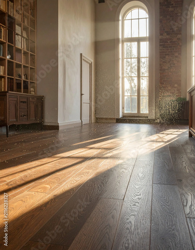 Morning light filters through a tall arched window onto a dusty floor made of dark, polished oak wood planks.