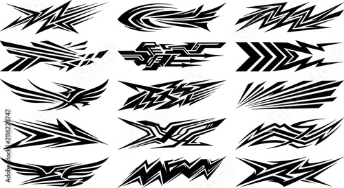 Car wrap vinyl sticker graphic vector bundle featuring abstract tribal racing stripes and geometric sports auto livery design elements