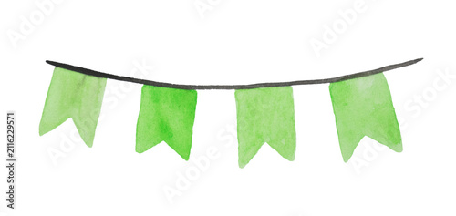 Hand-painted watercolor green bunting garland with hanging flags, isolated on a transparent background. Perfect for birthday parties, weddings, celebrations, invitations and festive decorations
