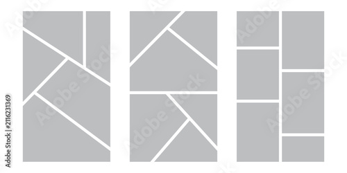 Image collage layout template. Grey mosaic mood board grid collection. Picture frame set. Photo album idea for banner, poster, comic page, flyer, brochure, booklet, memory wall design. Vector pack