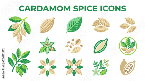 Bild auf Leinwand Cardamom Spice Icons and Illustrations Collection
