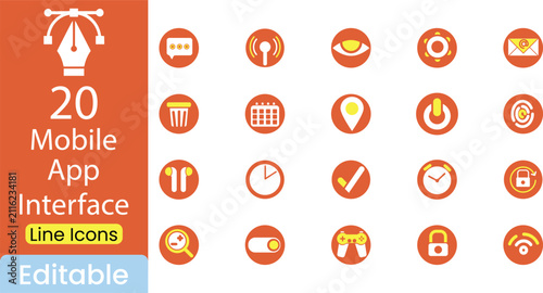 Mobile app interface line icons collection with twenty different service and utility symbols on orange background.