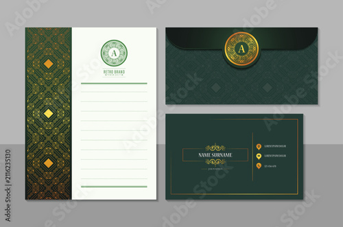 Luxury Green and Gold Retro Stationery Branding Template with Ornamental Pattern