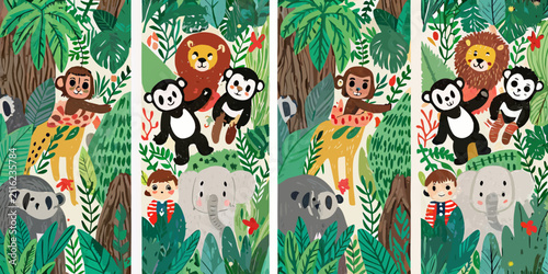 Canvas Print Jungle Animals Illustration Whimsical Vector Artwork With Tropical Foliage