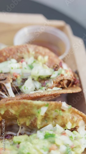 Close-up of Mexican taco with shredded beef and beans