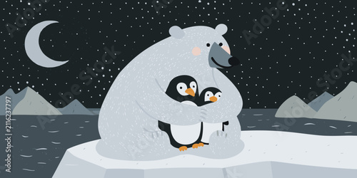 Foto Polar Bear And Penguins Illustration Winter Scene With Crescent Moon
