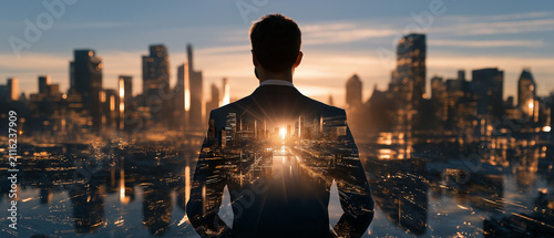 Visionary Leader in the Cityscape: A businessman in a sharp suit stands silhouetted against a breathtaking urban skyline at sunrise.