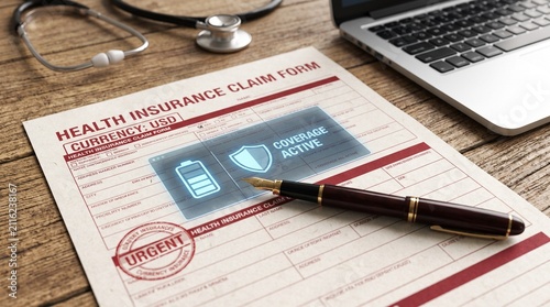 A health insurance claim form resting on a wooden desk with a stethoscope and a laptop nearby featuring a digital overlay graphic indicating active coverage and an urgent stamp mark
