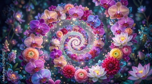 Magical Floral Spiral of Colorful Orchids and Lotuses in a Fantasy Dreamland Landscape with Sparkling Lights