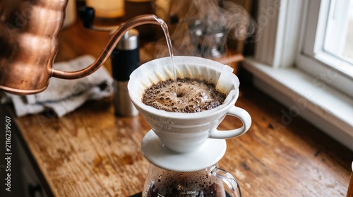 Fotografía Manual pour over coffee brewing with copper kettle and ceramic dripper