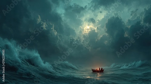 Small boat in stormy sea.