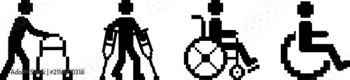 Pixel art disability and accessibility icons: crutches wheelchair walker handicapped symbol.

