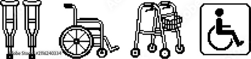 Pixel art disability and accessibility icons: crutches wheelchair walker handicapped symbol.
